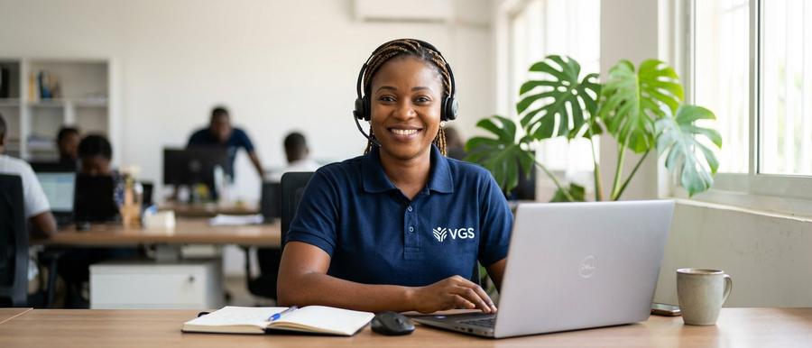 Conseillère VGS avec un casque, prête à répondre à vos questions